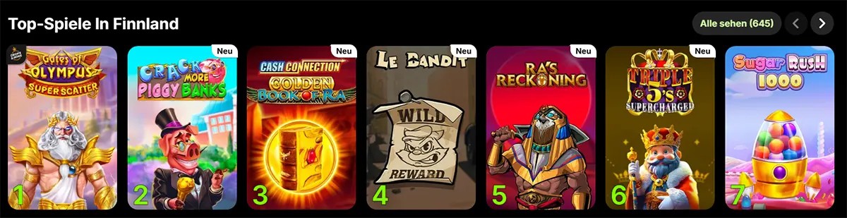 Top-Spiele in Finnland carousel showing ranked slot thumbnails: Gates of Olympus Super Scatter, Crack More Piggy Banks, Cash Connection Golden Book of Ra, Le Bandit, Ra’s Reckoning, Triple 5’s Supercharged, and Sugar Rush 1000.