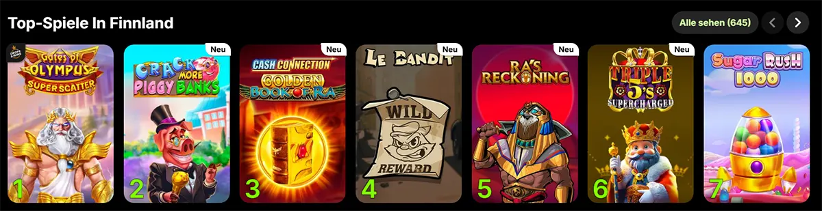 Top-Spiele in Finnland carousel showing ranked slot thumbnails: Gates of Olympus Super Scatter, Crack More Piggy Banks, Cash Connection Golden Book of Ra, Le Bandit, Ra’s Reckoning, Triple 5’s Supercharged, and Sugar Rush 1000.