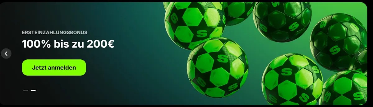 Promotional banner with green football graphics advertising “First deposit bonus 100% up to €200” and a “Sign up now” call to action.