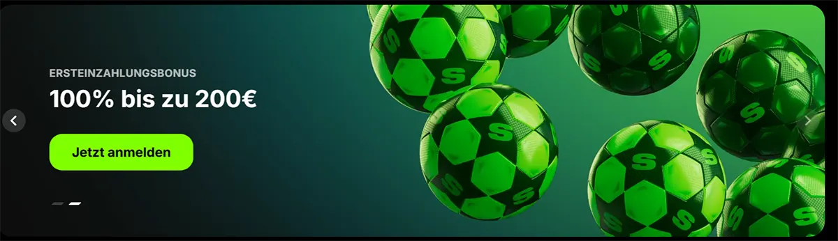 Promotional banner with green football graphics advertising “First deposit bonus 100% up to €200” and a “Sign up now” call to action.