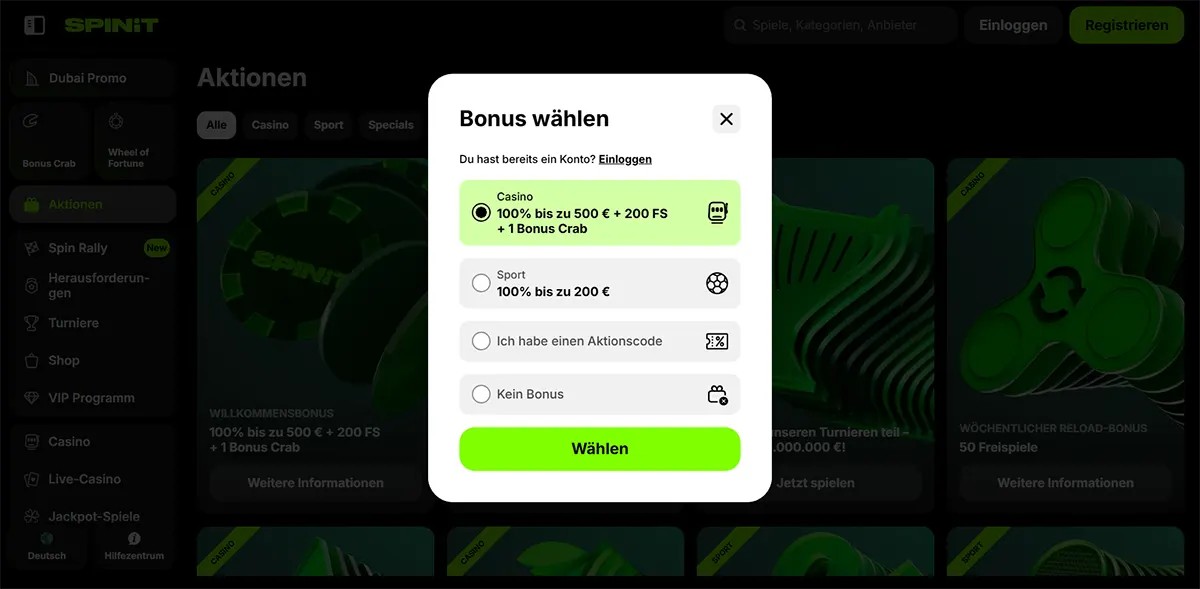 Bonus selection popup on SpinIt casino website showing welcome bonus options: 100% up to €500 + 200 free spins + 1 Bonus Crab, sports bonus 100% up to €200, promo code option, or no bonus.