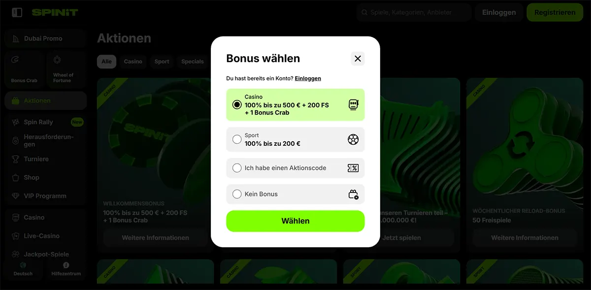 Bonus selection popup on SpinIt casino website showing welcome bonus options: 100% up to €500 + 200 free spins + 1 Bonus Crab, sports bonus 100% up to €200, promo code option, or no bonus.